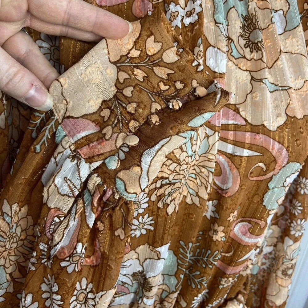 Ryegrass Large High Neck Long Sleeve Fit Flare Dress Mod Retro Rust Brown Floral - Picture 5 of 13